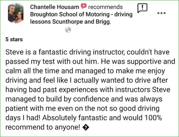 Driving lesson reviews and testimonials : Broughton School of Motoring