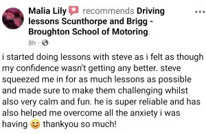 Malia's review of her driving lessons with the Broughton School of Motoring in Scunthorpe