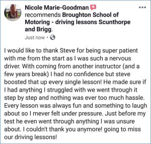 Nicole's review of her driving lessons in Scunthorpe