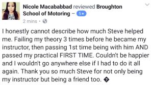 Nicole's review of her driving lessons with the Broughton School of Motoring